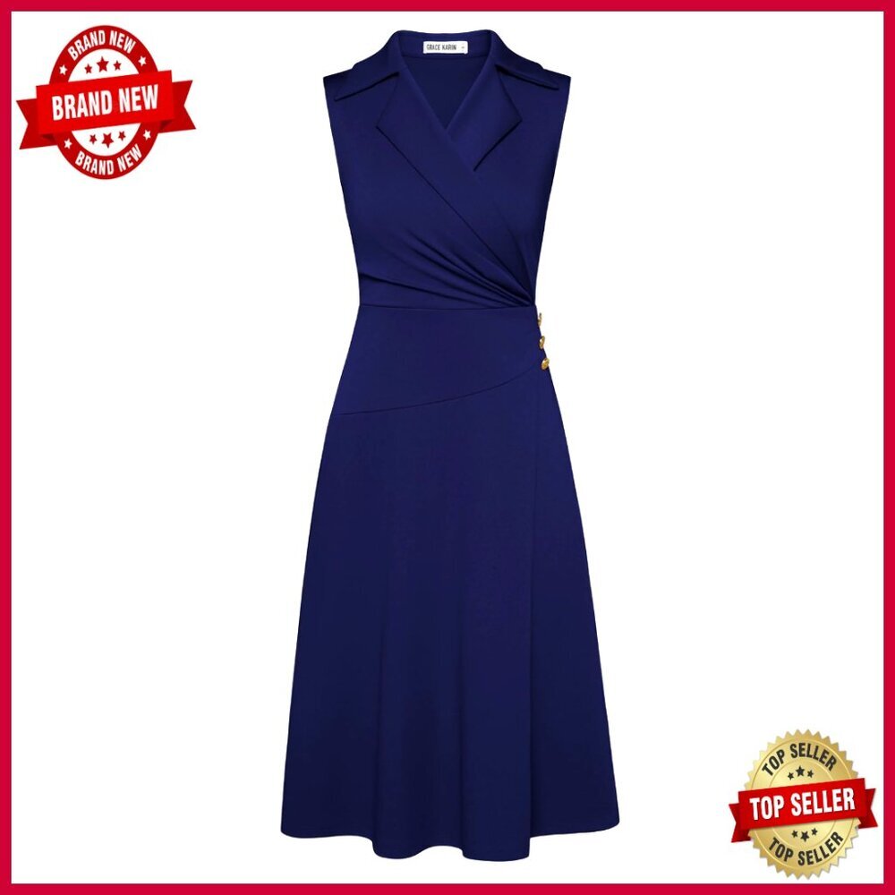 Notch Lapel Ruched Wrap V Neck Business Work Dress Sleeveless A Line Midi
